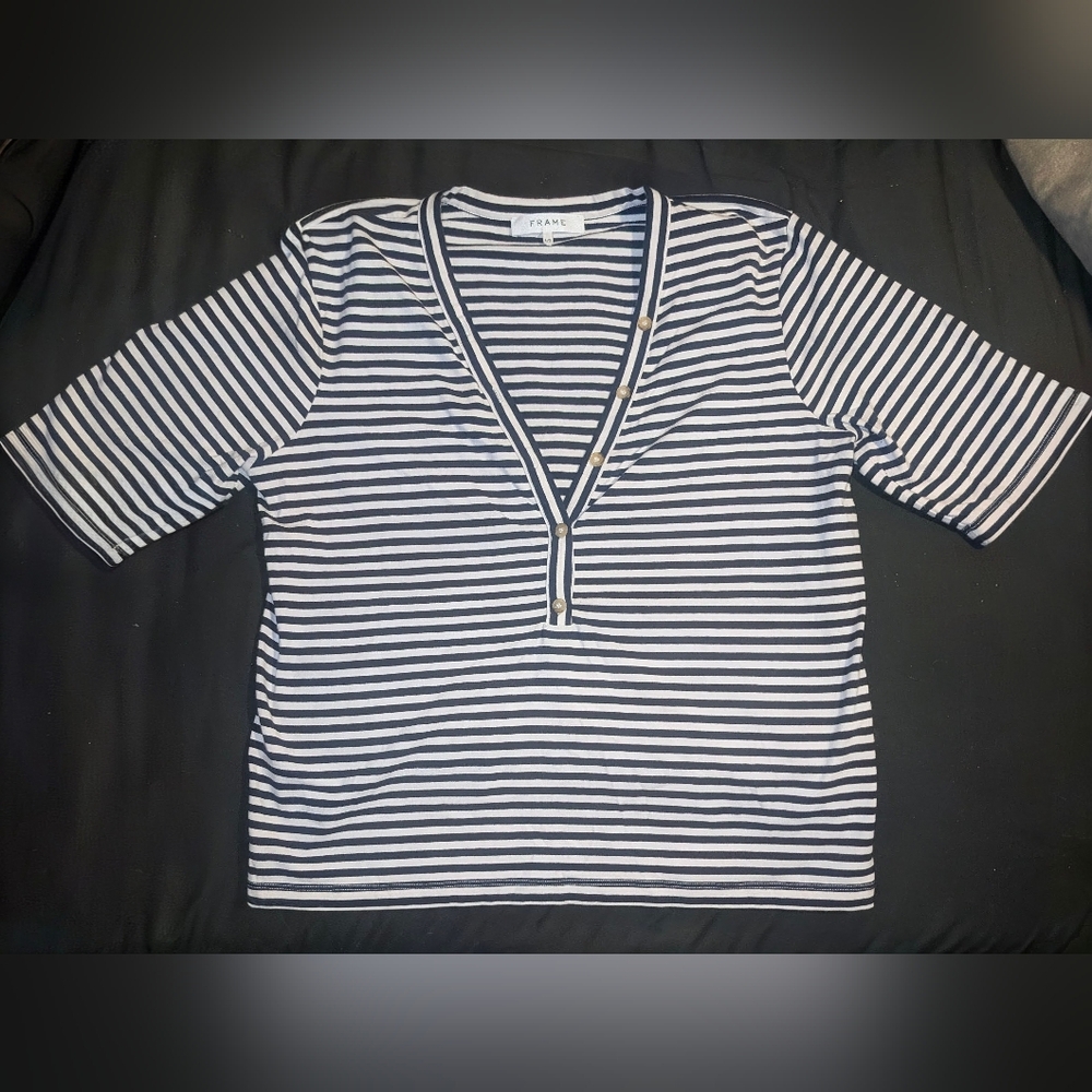 Frame White/Black Stipes Henley V-Neck Top - Picture 3 of 4